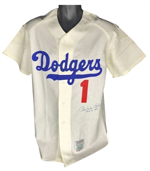 Pee Wee Reese Signed & "HOF 84" Inscribed Cooperstown Collection Brooklyn Dodgers Jersey (JSA)